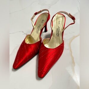 St. John Red Satin Pointed Toe Slingback Kitten Heels
